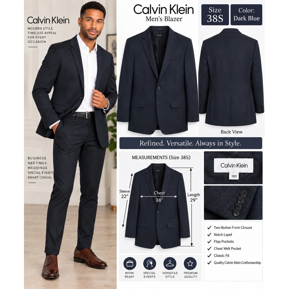 Calvin Klein Navy blue Wool Blend Slim Fit 2-Button Blazer 38S Notch Lapel NWOT